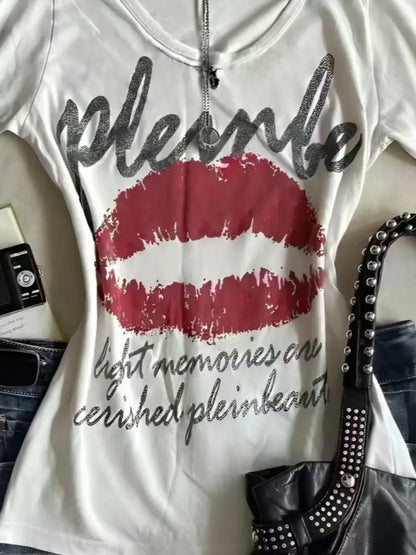 American Retro Sweetheart Red Lips Letter Print Slim Short-sleeved T-shirt Women Summer Fashion Street Hot Sexy Casual Top