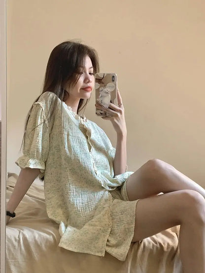 Ruffles Women Pajamas Sets for Home Summer Floral Sleepwear Shorts Sleeve Lace 2 Pieces Button Night Wears Korean Home Suit 2024