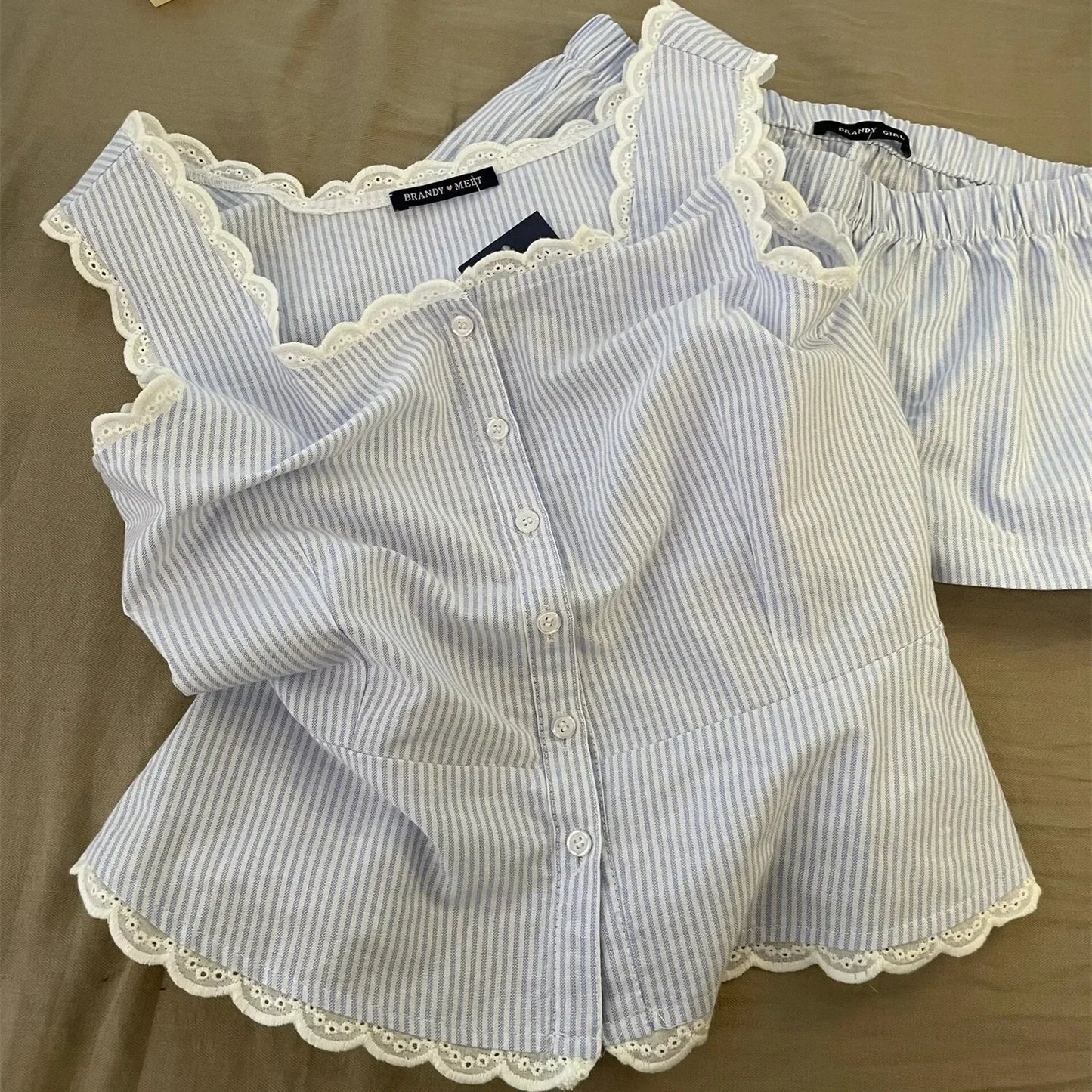 Striped Women Pajamas Summer Sleepwear Sleeveless Shorts Sets 2 Pieces Lace Night Wears Tank Korean Sleeping Home Suit 2025 New