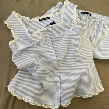 Striped Women Pajamas Summer Sleepwear Sleeveless Shorts Sets 2 Pieces Lace Night Wears Tank Korean Sleeping Home Suit 2025 New