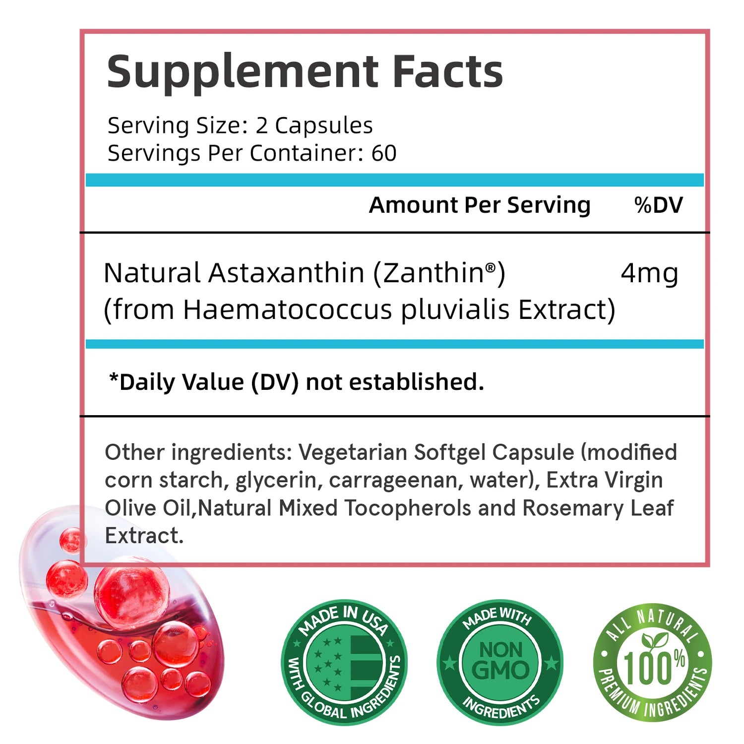 Astaxanthin - Supports Eyes, Promotes Nervous System Health, and Improves Immunity, Non-GMO Supplement