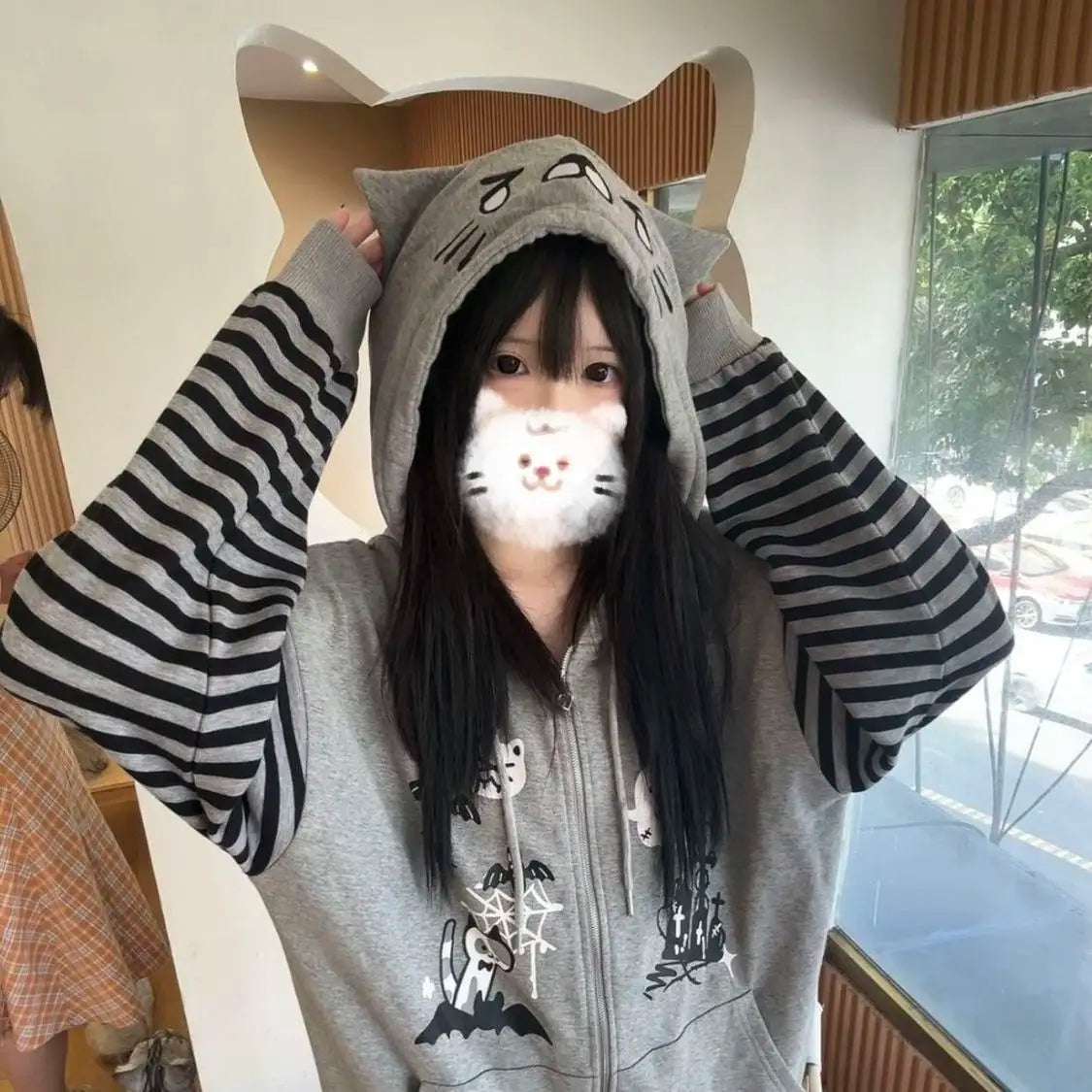 Cat Ear Hooded Sweatshirts Jackets Women Clothing Y2k Tops Patchwork Striped Anime Hoodie Ropa Mujer Casual Fashion Hoodies Coat gray