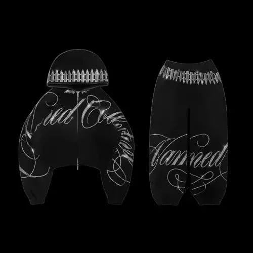 Retro Letters Rhinestone Sequins Short Hoodie Sweatpants Two Piece Set Y2K Suit Womens Letters Oversized Sweatshirt Casual Pants Two piece