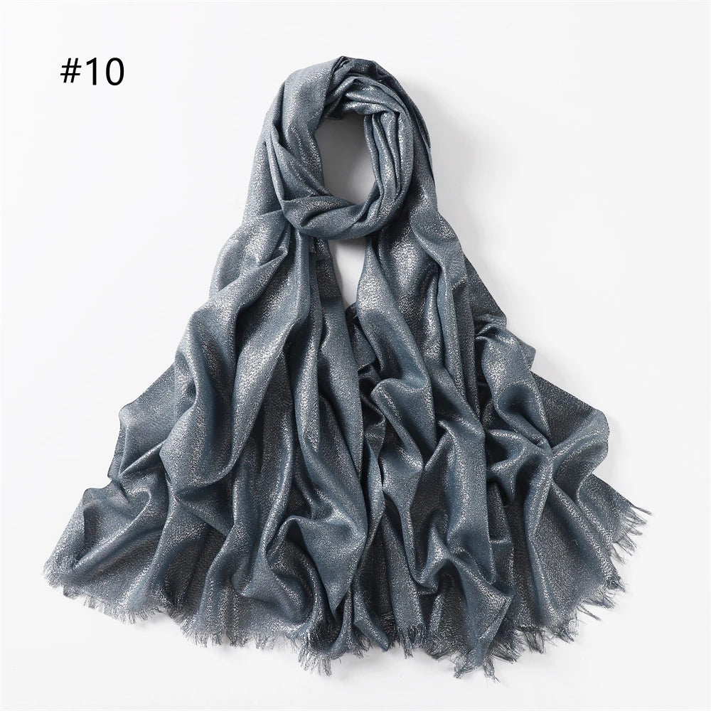 Lastest Brand Design Scarf Shiny Solid Color Shawls Rayon Fabric Gold Silk Silver Wire Head Shawl Fringe Hijab For Women