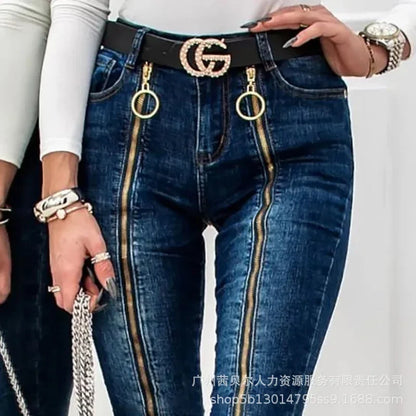 Women Spring Summer 2024 O-Ring Zipper Decor Skinny Jeans Denim Pants Trousers High Waist Jeans Ankle Length
