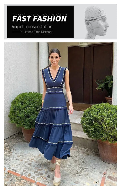 PB&ZA2024 Summer New Product: Casual Women's Fashion V-neck Sleeveless Waist Collection with Tassel Decoration Dress