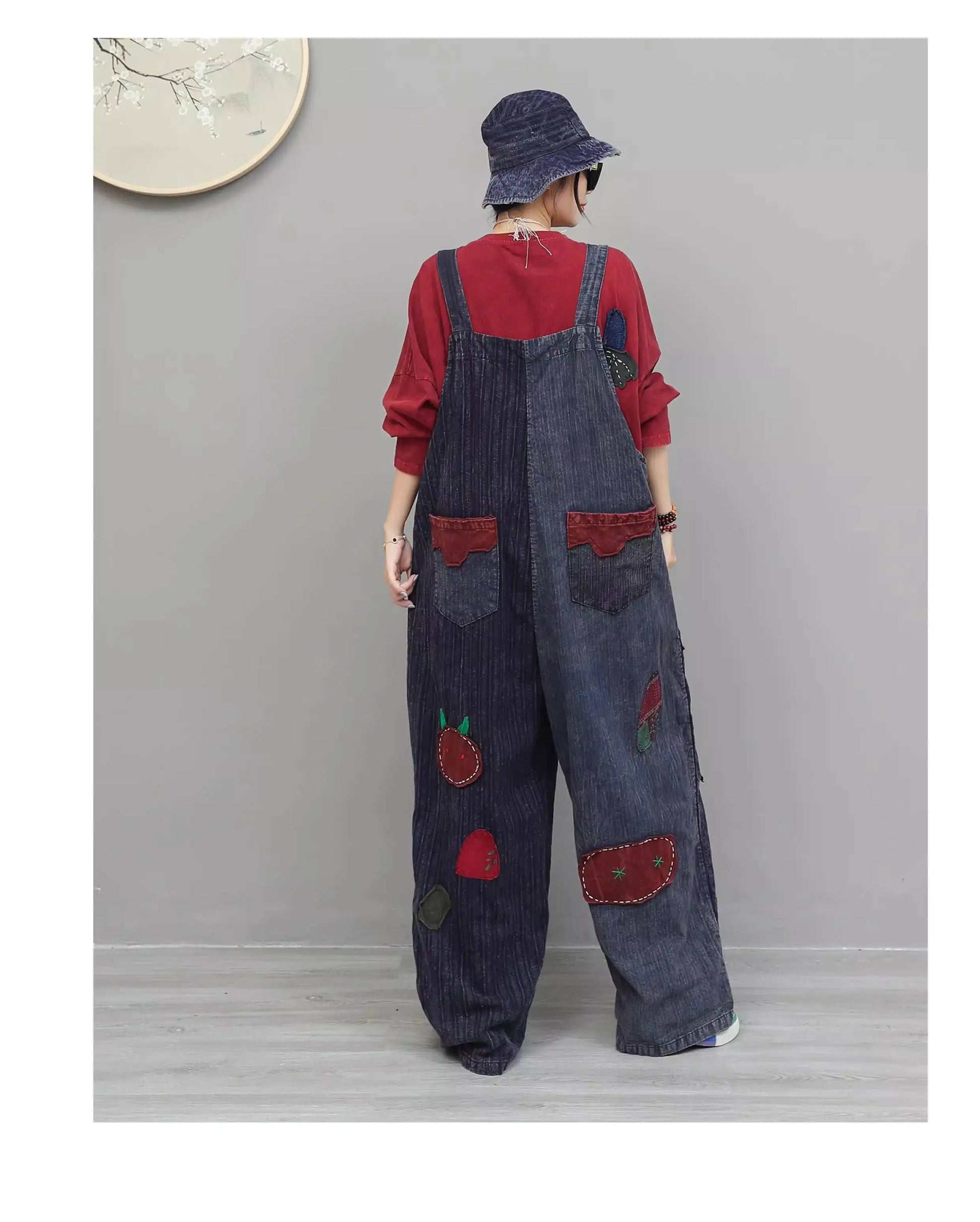 Hand Embroidery Old Cloth Patchwork Wide Leg Strap Long Pants Women Autumn Loose High Waist Jumpsuit LX4343 Badiee Stylez