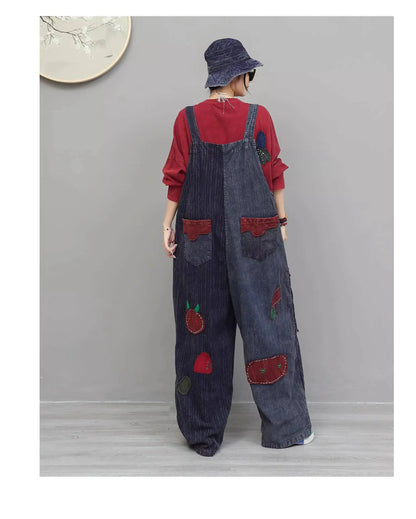 Hand Embroidery Old Cloth Patchwork Wide Leg Strap Long Pants Women Autumn Loose High Waist Jumpsuit LX4343 Badiee Stylez