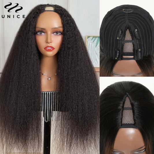 UNice Hair Drawstring Cap Kinky Straight V Part Wig & U Part Wig EasiContour 100% Human Hair Wigs No Glue Small Head Friendly