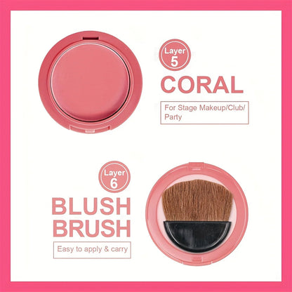 Multi-layer 5 Colors Blusher Compact Powder Makeup - Facial Base Foundation Pressed Powder Cheek Cosmetics with Brush