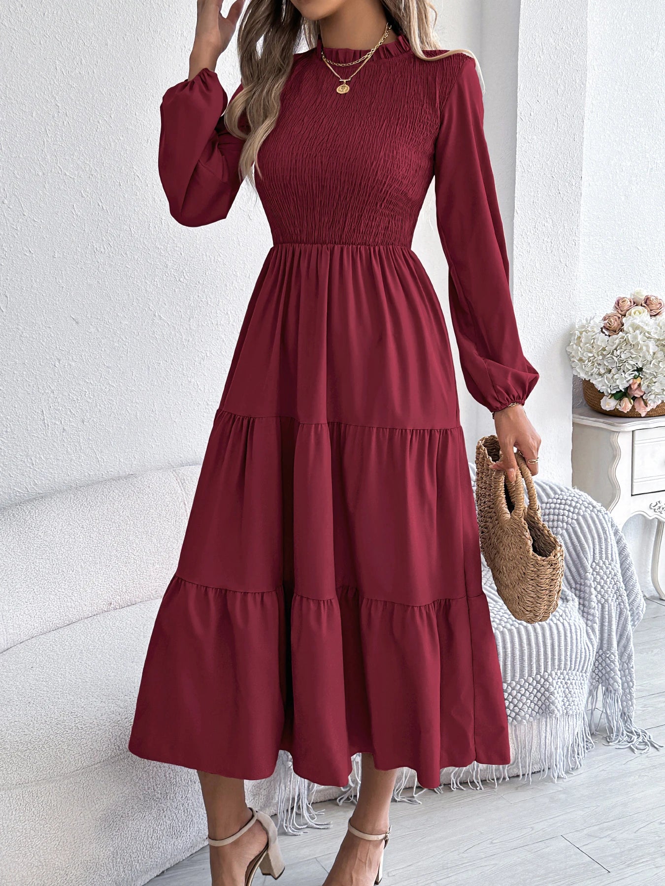 Autumn Winter Elegant Dresses for Woman Solid Color Round Neck Long Sleeve Ruffled Dresses Khaki Green Red