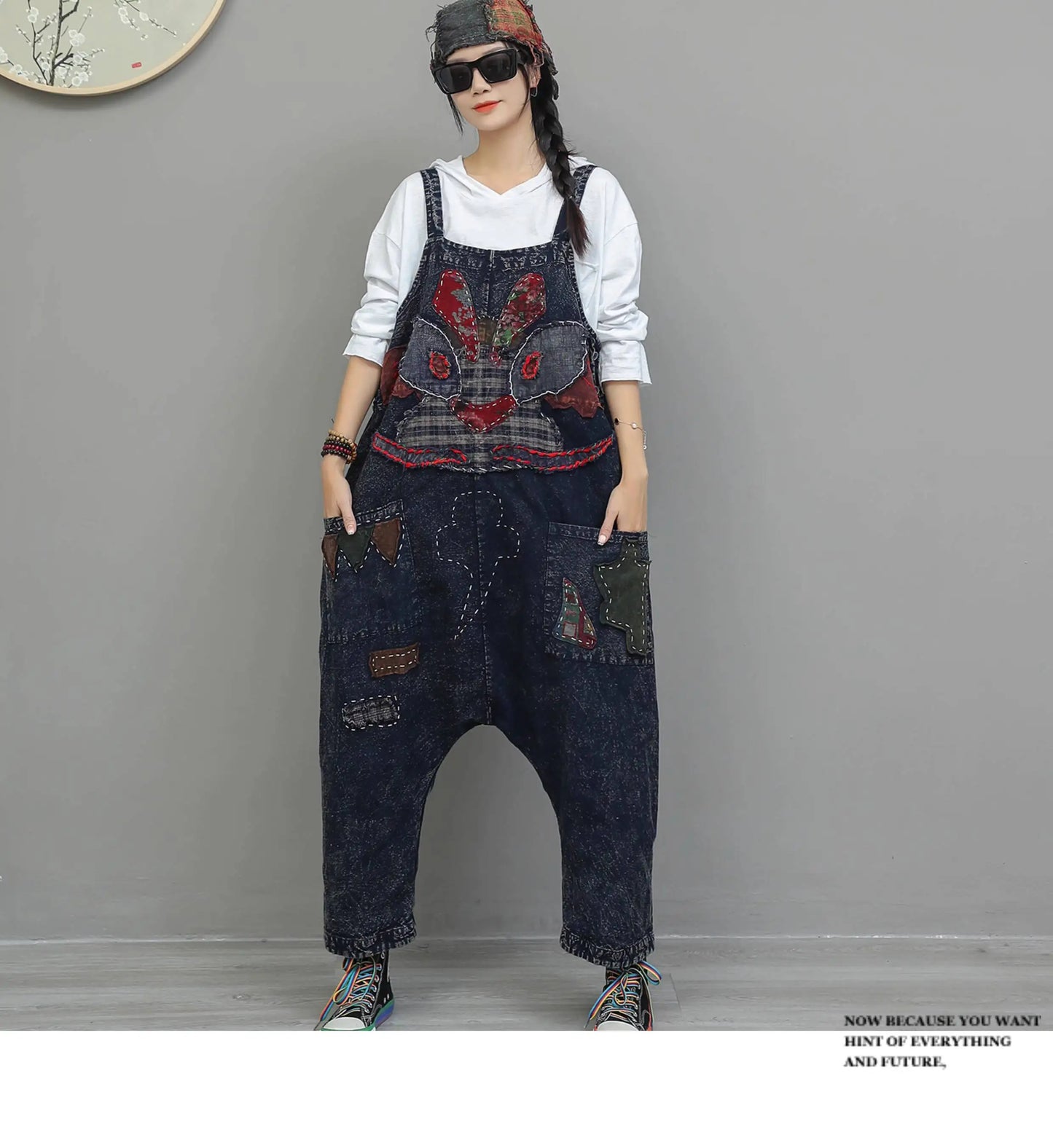 Heavy Embroidery Patch High Waist Overalls Women Autumn Fashion Stylish Loose Jumpsuit LX4372 Badiee Stylez