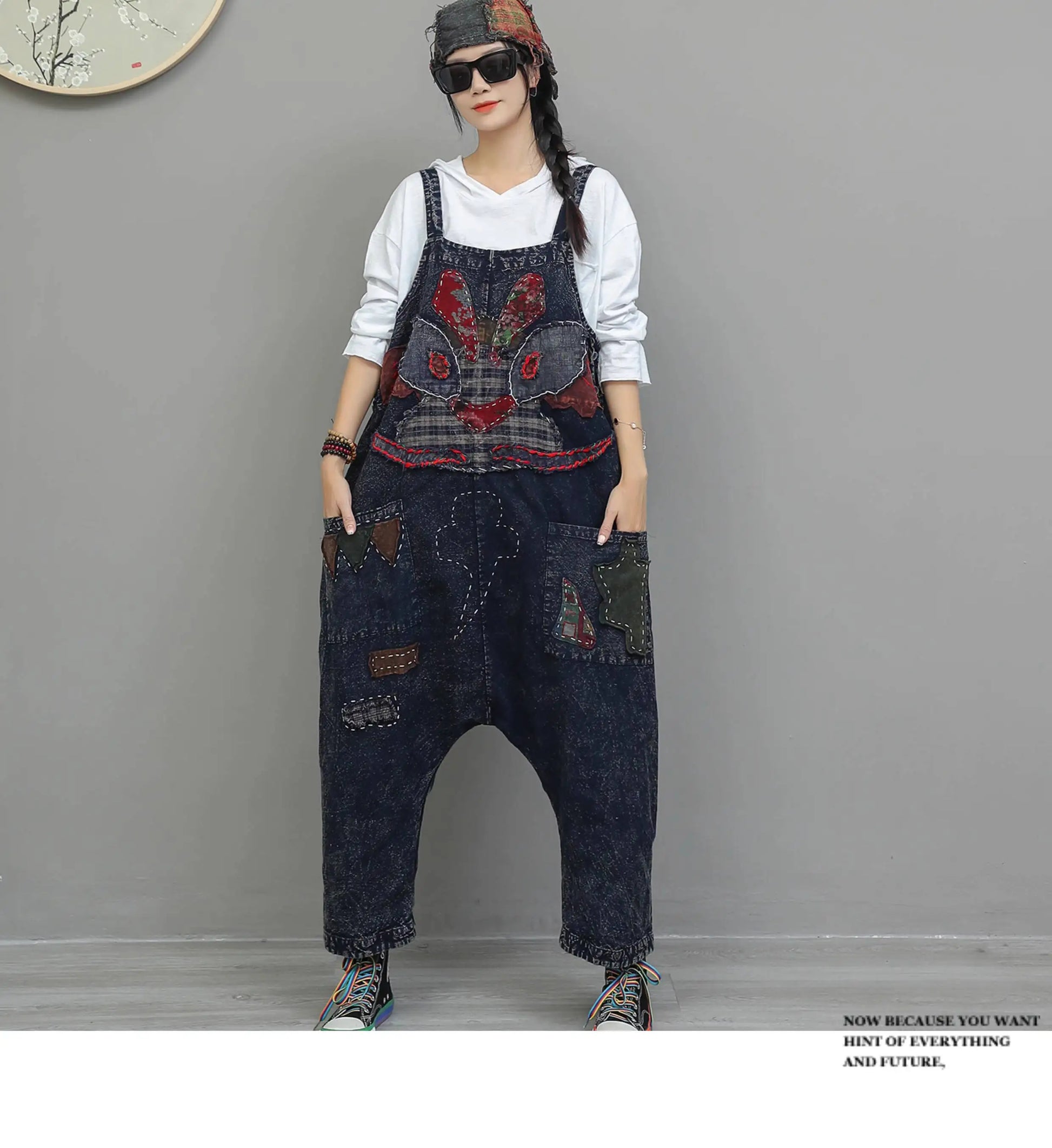 Heavy Embroidery Patch High Waist Overalls Women Autumn Fashion Stylish Loose Jumpsuit LX4372 Badiee Stylez