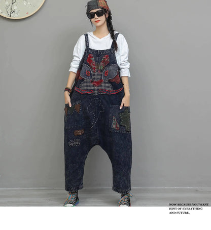 Heavy Embroidery Patch High Waist Overalls Women Autumn Fashion Stylish Loose Jumpsuit LX4372 Badiee Stylez