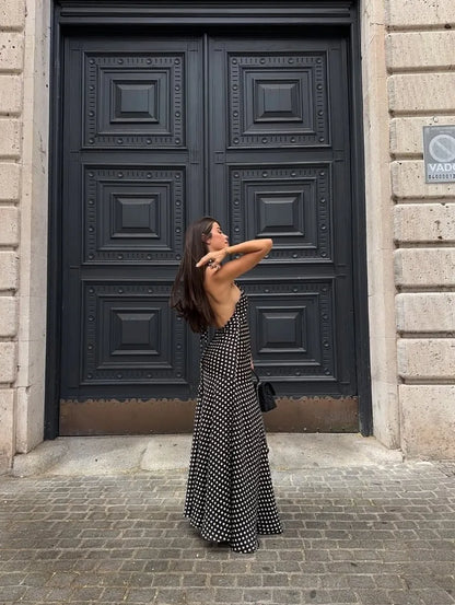 Trendix Polka Dot Print Backless Dress Women Summer Sexy Deep V Neck Sleeveless Off Shoulder Maxi Dresses Elegant Evneing Dress
