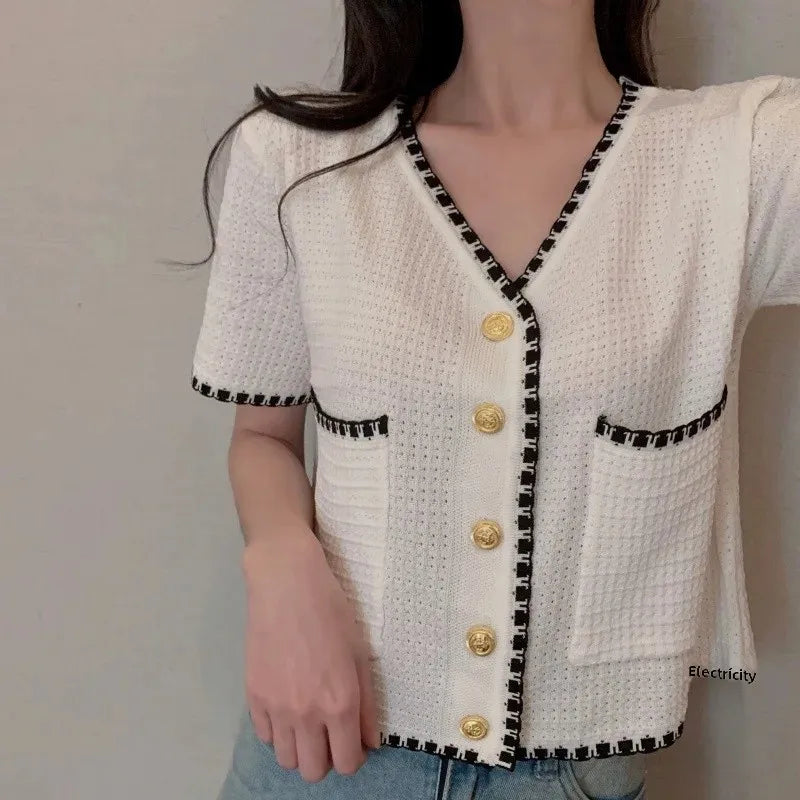 Plus Size Knitted Short Sleeve Open Cardigan for Women Elegant Slimming Style Summer Thin Material Big Size Fashionable WHITE