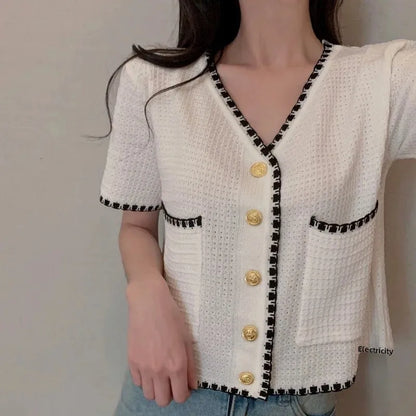 Plus Size Knitted Short Sleeve Open Cardigan for Women Elegant Slimming Style Summer Thin Material Big Size Fashionable WHITE