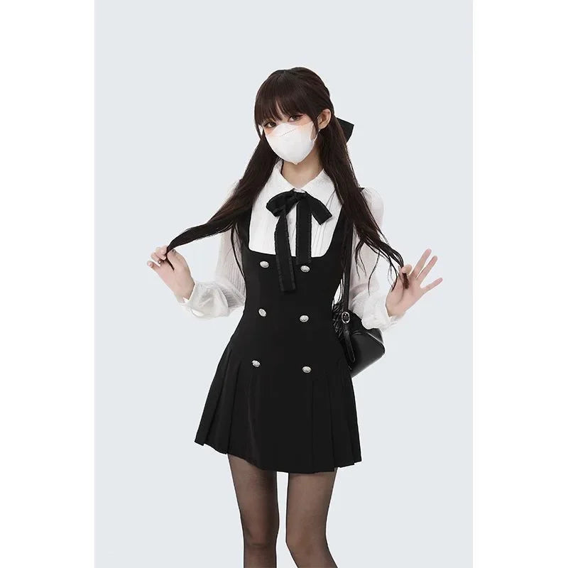 French Style Long Sleeve Mini Dress Women's Autumn Winter Slimming Design A- Line Skirt Polyester Fiber Polo Collar Empire Waist Badiee Stylez