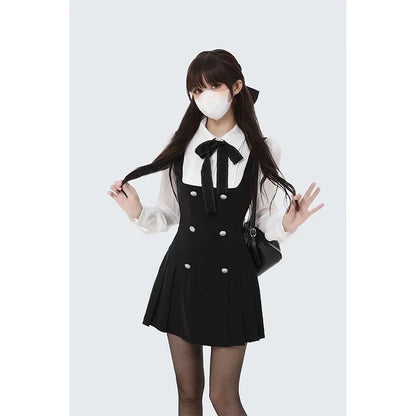 French Style Long Sleeve Mini Dress Women's Autumn Winter Slimming Design A- Line Skirt Polyester Fiber Polo Collar Empire Waist Badiee Stylez