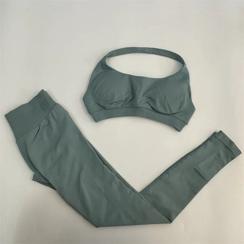 No Logo Yoga Legging Sets for Women Seamless Yoga Set Scrunch Butt Legging Set Workout Gym Suit with Halter Crop Top Badiee Stylez