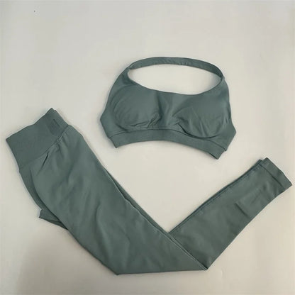 No Logo Yoga Legging Sets for Women Seamless Yoga Set Scrunch Butt Legging Set Workout Gym Suit with Halter Crop Top Badiee Stylez