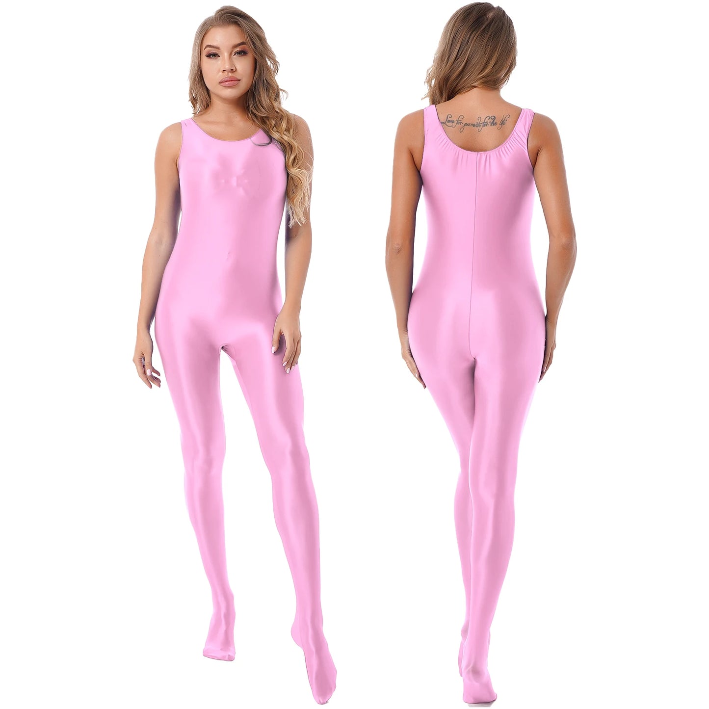 Women Glossy Stretchy Jumpsuit Pantyhose Bodysuit Solid Color Sleeveless Bodystocking Club Rave Pole Dancing Costume Clubwear Pink