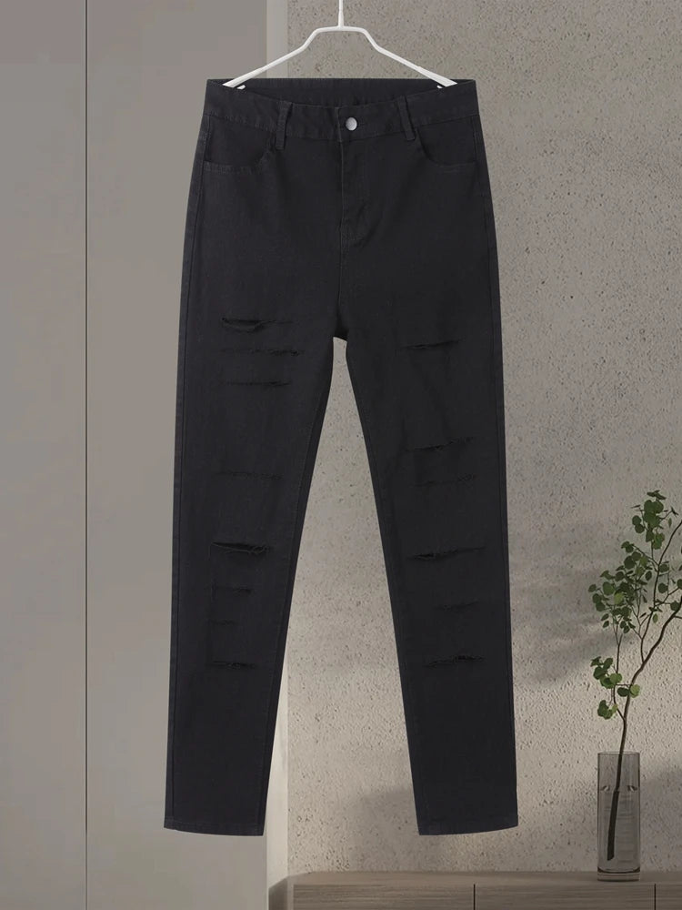 Fashion Stretchy Ripped Skinny Black Jeans Women Zipper Hollow Out Denim Jeans Casual Lady Street Bottoms