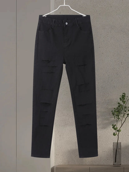 Fashion Stretchy Ripped Skinny Black Jeans Women Zipper Hollow Out Denim Jeans Casual Lady Street Bottoms