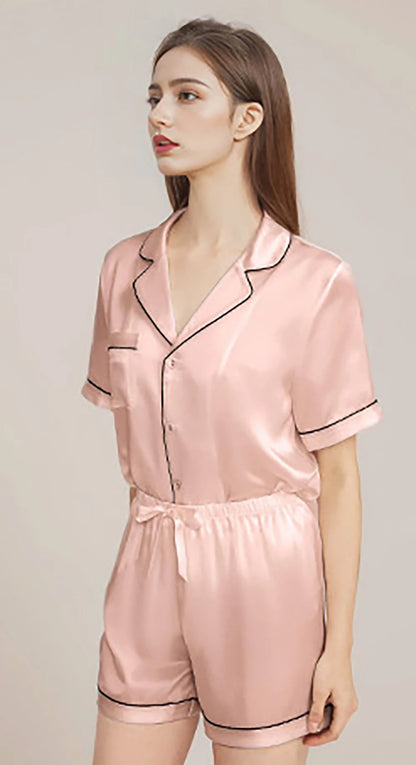 100% Real Mulberry Silk Womens Pajamas Set Sleepwear Pjs Button Down Short Sleeve Shirt Top and Shorts Loungewear 2 Piece M-4XL
