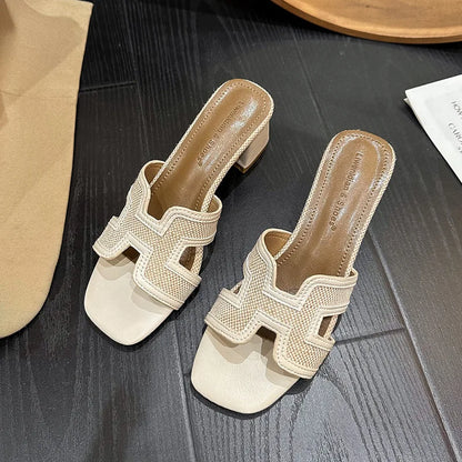 2025 Summer new arrival,fashion style grids high heel slippers for woman,thick heel outwear beach sandals for women Beige