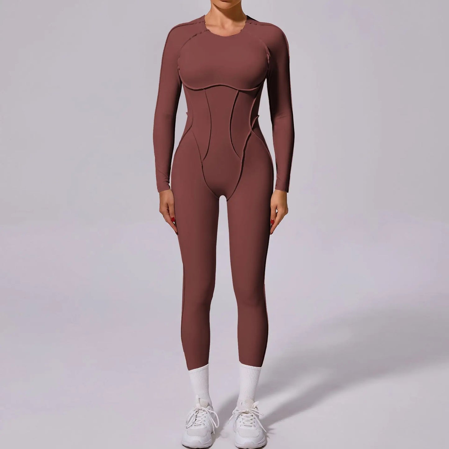 New Autumn/Winter Women's One-piece Yoga Jumpsuit leggings Long-sleeved Sexy Backless Slim Fit Sports Outfit Chocolate