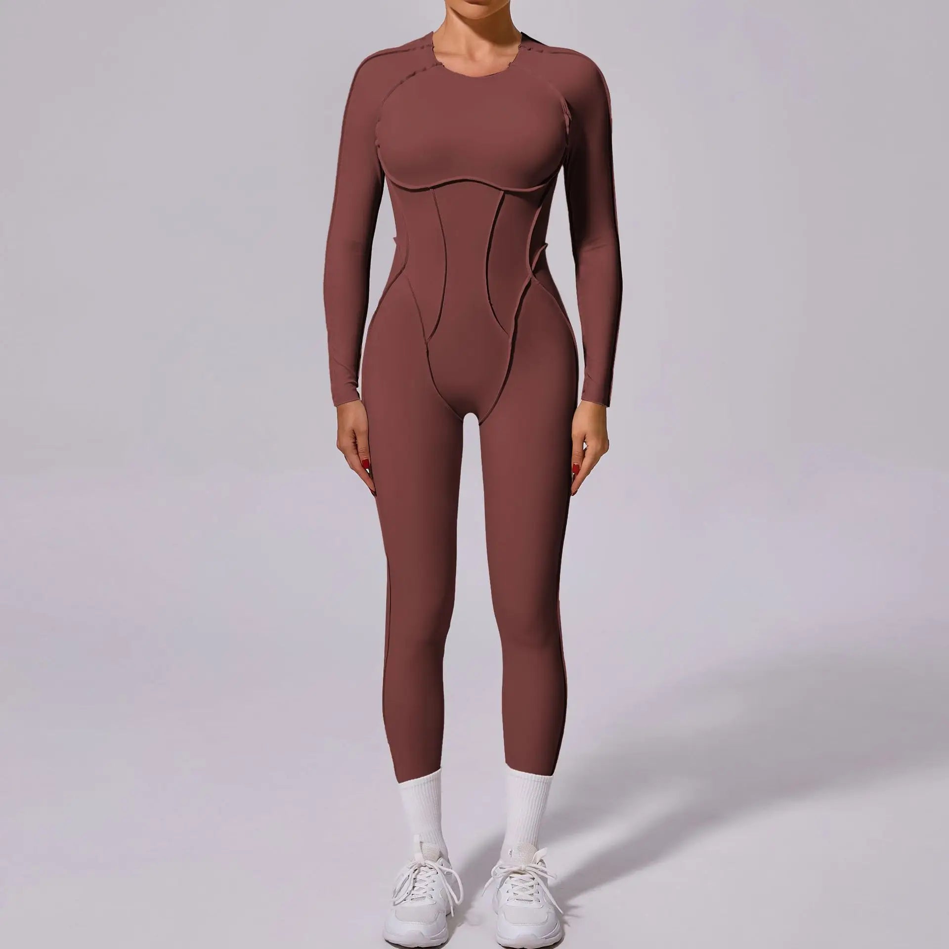 New Autumn/Winter Women's One-piece Yoga Jumpsuit leggings Long-sleeved Sexy Backless Slim Fit Sports Outfit Chocolate