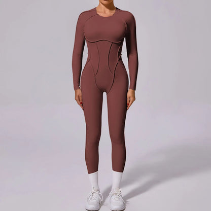 New Autumn/Winter Women's One-piece Yoga Jumpsuit leggings Long-sleeved Sexy Backless Slim Fit Sports Outfit Chocolate