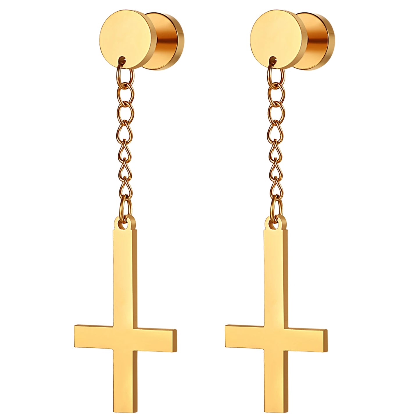 BONISKISS Men Women Stainless Steel Inverted Upside Down Cross Earring Church of Satan Temple Occult Satanic Witchy Stud Jewelry a82421-golden