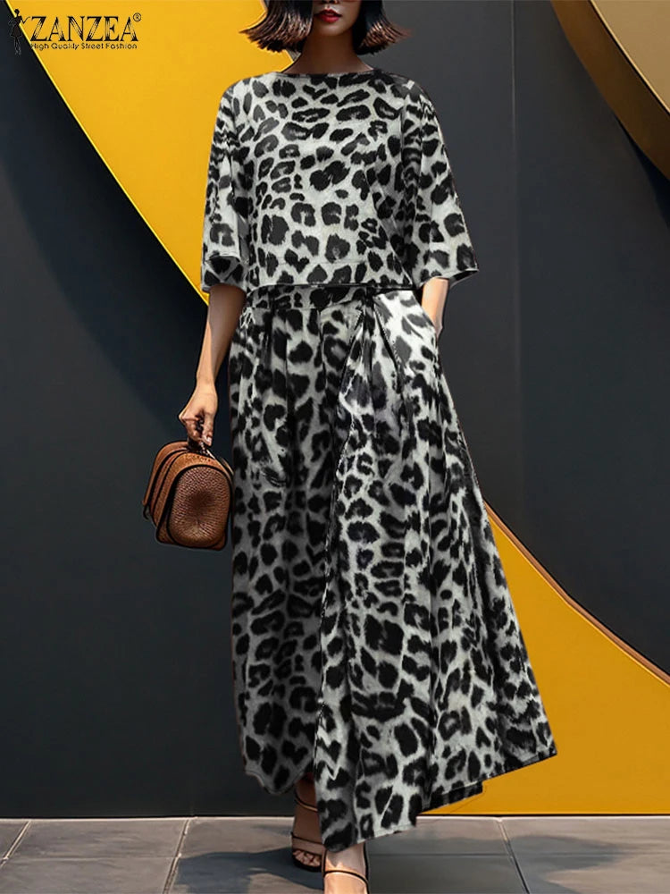 2PCS Vintage Women Matching Sets Leopard Print Tracksuits Autumn Trousers Suit ZANZEA Casual O Neck 3/4 Sleeve Blouse Pant Sets Badiee Stylez