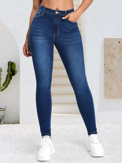Blue fashionable cat whisker elastic tight fitting small leg jeans