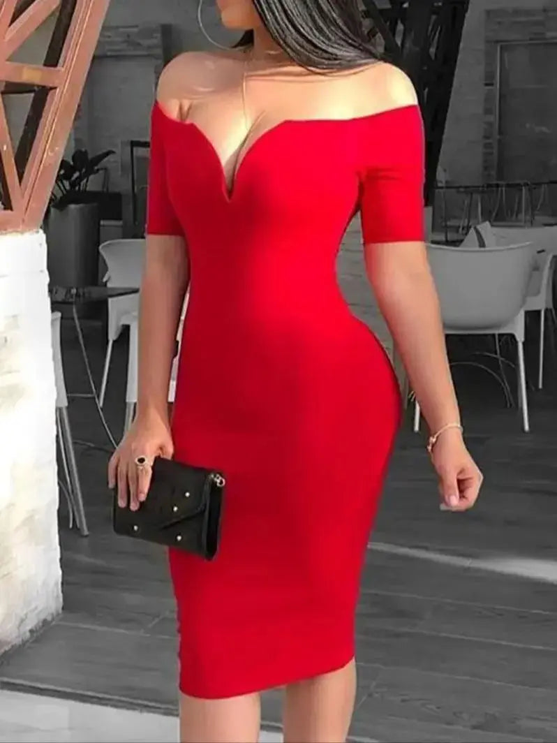 Lady V style off-the-shoulder fitted dress with a tight waist and a full skirt, a fitted evening gown for women. Red