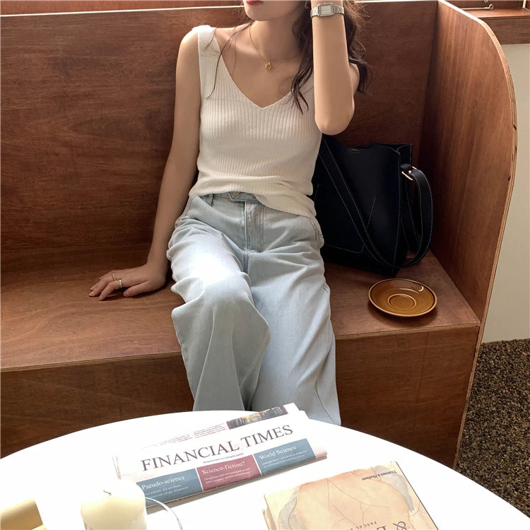 Solid Color Basic Women's Vest Tank Top Solid Color Knitted Tees Top Cropped Top Camisole Sweater V-neck Summer Sleeveless