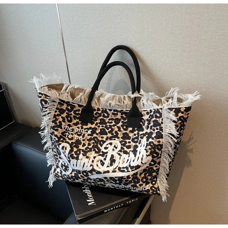 European and American Letters Tassel Canvas Bag Arge Capacity Handbags Travel Women Beach Tote Bag Fashion Casual Shopping Bags