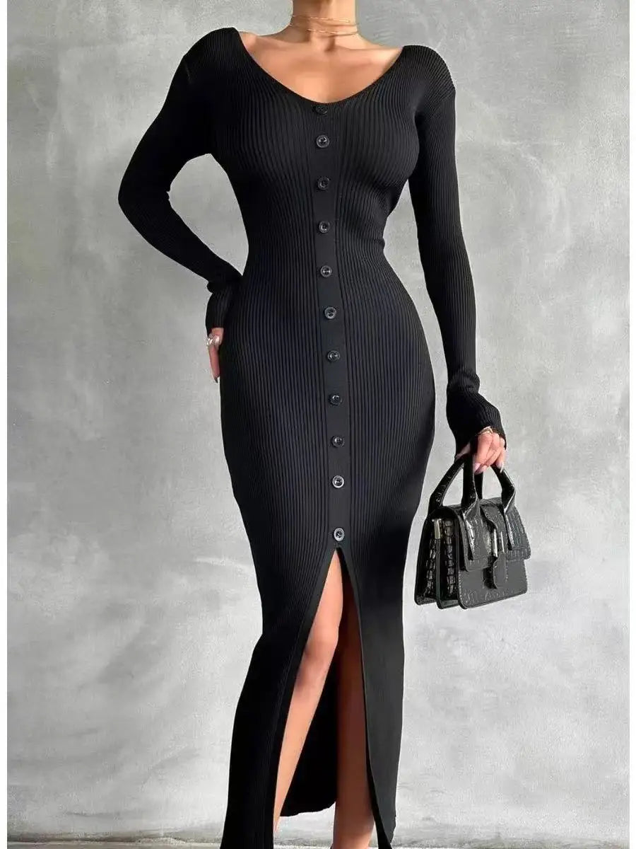 2025 Knitted Dress For Women Vintage Fashion Long Sleeve Dresses Solid Single Breasted V Neck Midi Autumn Winter Dress Скучать Badiee Stylez