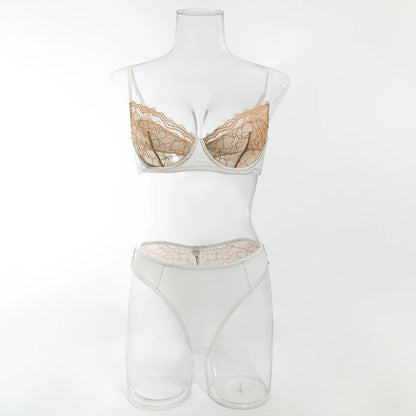 French Satin Lace Bra And Thong Set Sexy Ultrathint Lace Patchwork Lingerie Two Picec Sets Fancy Erotic Intimate Underwear Suit