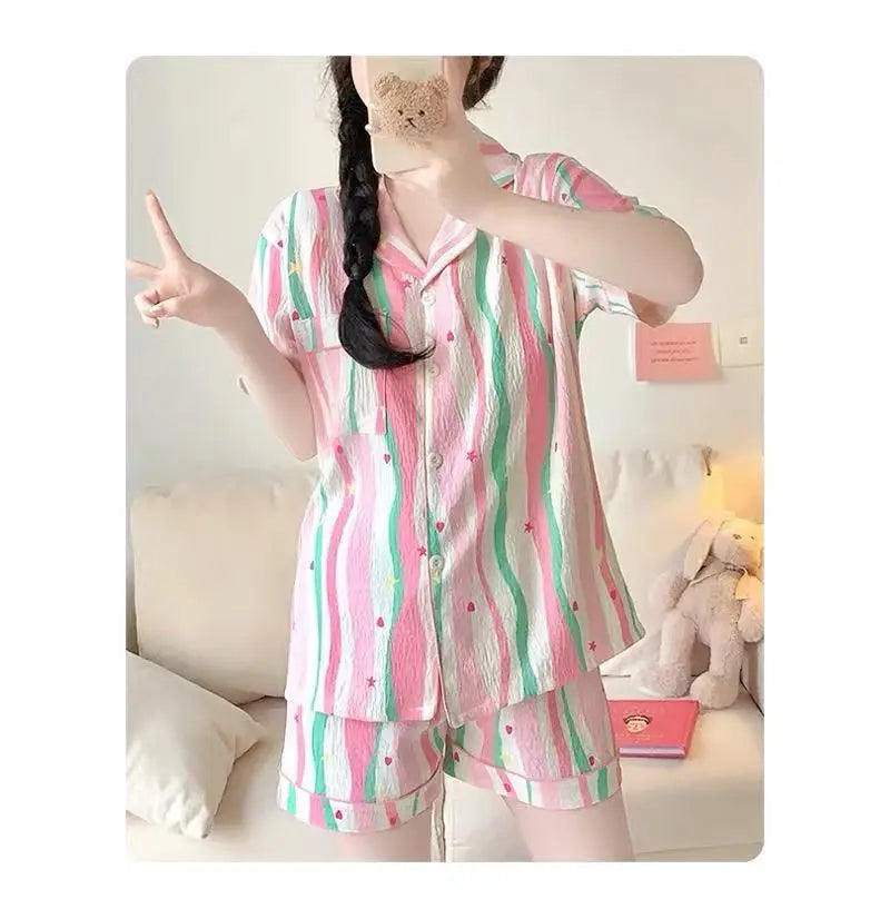 Cute Girl's Summer Cotton Linen ort Sve Nightgown Home Clothes Set Bear Print Gauze Spwear Simple Home Sle