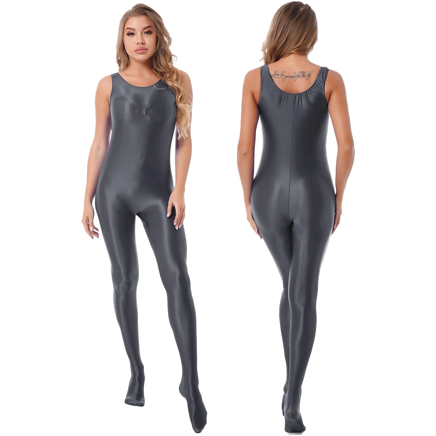 Women Glossy Stretchy Jumpsuit Pantyhose Bodysuit Solid Color Sleeveless Bodystocking Club Rave Pole Dancing Costume Clubwear Grey