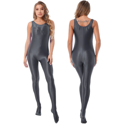 Women Glossy Stretchy Jumpsuit Pantyhose Bodysuit Solid Color Sleeveless Bodystocking Club Rave Pole Dancing Costume Clubwear Grey