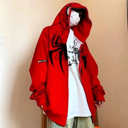 American Style Spiderman Sweatshirt Men Hip Hop Heavyweight Hardcore Cardigan Jacket Spring Autumn Design Sensibility Hooded Top Red