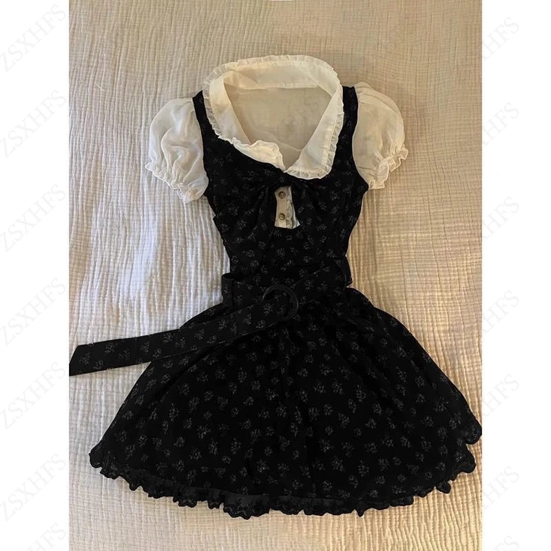 Sweet Gyaru Chic Dress y2k Summer Women's Clothing Floral Puff Sleeve Girdling Waist Lady Gowns Lace Up Ruffled Graceful Dresses Badiee Stylez