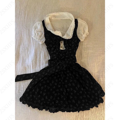 Sweet Gyaru Chic Dress y2k Summer Women's Clothing Floral Puff Sleeve Girdling Waist Lady Gowns Lace Up Ruffled Graceful Dresses Badiee Stylez