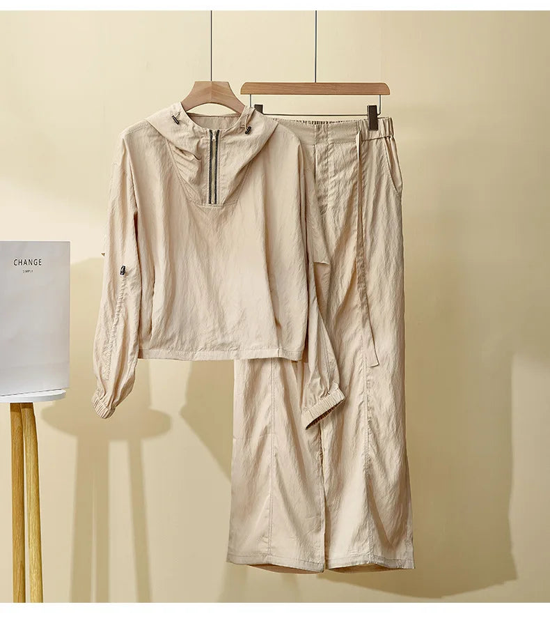 Women's Spring Summer New Hooded suit Casual Sports Fashion Chain Cardigan with Trousers Two-piece Set Badiee Stylez