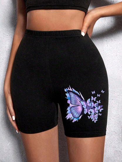 Casual Women Fitness Short Pantsbeautiful Dreamy Purple Butterfly Prints Leggings Short High Elastic Soft Thin Female Sportswear Black 5