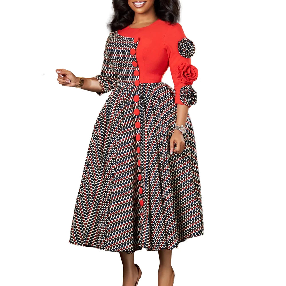 Elegant Dresses for Women 2025 Fall Fashion African 3/4 Sleeve Party Birthday New Robe Chic 3D Flower Plaid Evening A-Line Dress Badiee Stylez